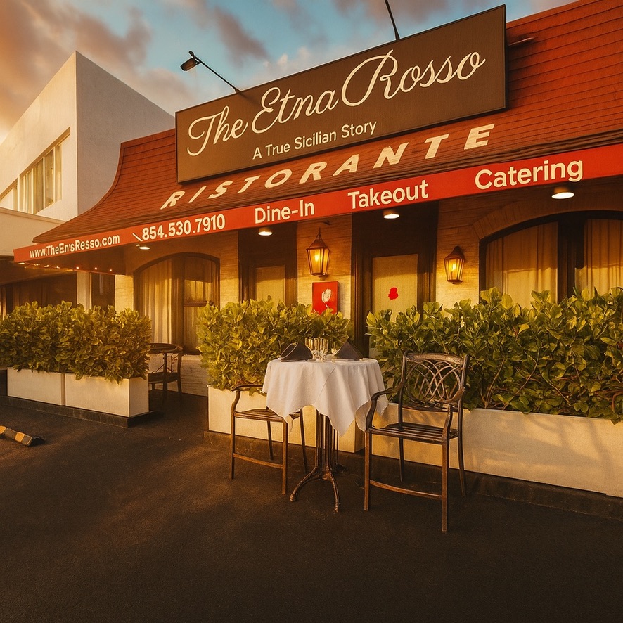 The Etna Rosso’s former Fort Lauderdale storefront, with its familiar sign, red awning and outdoor tables.